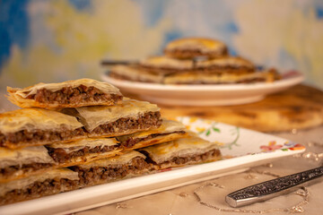Filo pastry made the Egyptian way and filled with minced meat. 