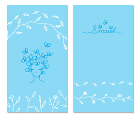 Two sides Womens day greeting card with hand drawn elements. Vector illustraion