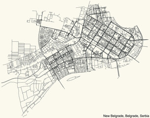 Black simple detailed street roads map on vintage beige background of the quarter Novi Beograd (New Belgrade) municipality of Belgrade, Serbia