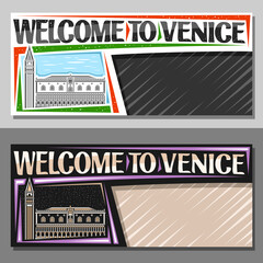 Vector layouts for Venice with copy space, decorative voucher with illustration of historical venice city scape on day and dusk sky background, art design tourist coupon with words welcome to venice.