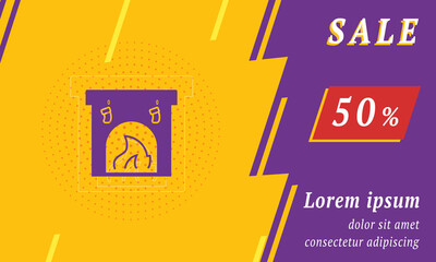 Sale promotion banner with place for your text. On the left is the christmas fireplace symbol. Promotional text with discount percentage on the right side. Vector illustration on yellow background