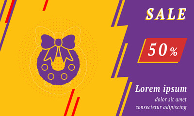 Sale promotion banner with place for your text. On the left is the christmas wreath symbol. Promotional text with discount percentage on the right side. Vector illustration on yellow background