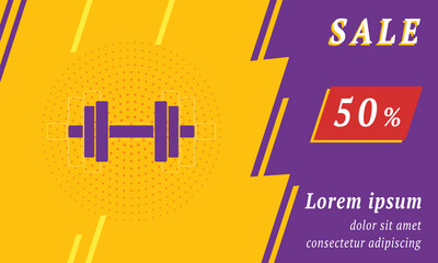 Sale promotion banner with place for your text. On the left is the dumbbell symbol. Promotional text with discount percentage on the right side. Vector illustration on yellow background