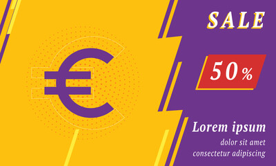 Sale promotion banner with place for your text. On the left is the euro symbol. Promotional text with discount percentage on the right side. Vector illustration on yellow background
