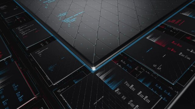 3d database. Animation. Information server with data summaries in tables. Virtual database in computer space of future