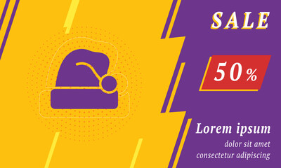 Sale promotion banner with place for your text. On the left is the santa claus hat symbol. Promotional text with discount percentage on the right side. Vector illustration on yellow background