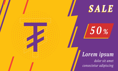 Sale promotion banner with place for your text. On the left is the tugrik symbol. Promotional text with discount percentage on the right side. Vector illustration on yellow background