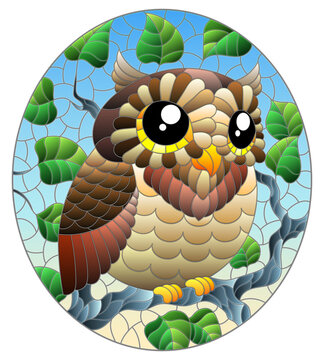 A stained glass illustration with a cute cartoon brown owl sitting on a tree branch against a blue sky background, oval image
