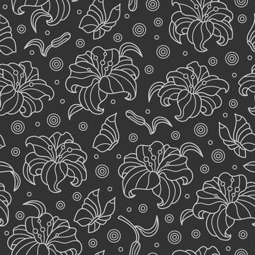 Seamless pattern with lilies and butterflies, light contoured flowers and butterflies on dark background
