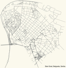 Black simple detailed street roads map on vintage beige background of the quarter Stari Grad municipality of Belgrade, Serbia
