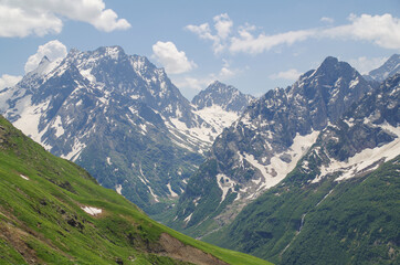 Dombay. View from the Mussa-Achitara mountain. Nature and travel. Russia, North Caucasus, Karachay-Cherkessia