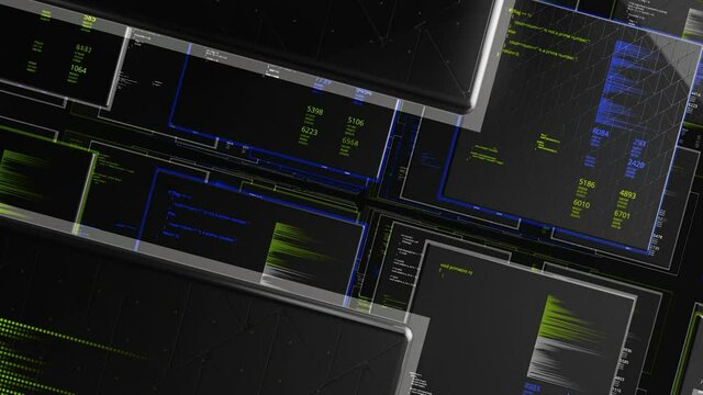 3d cells with numeric data. Animation. Set of tiers and rows in virtual database with numerical calculations. Information database in 3d virtual space