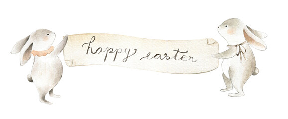 Watercolor Spring Easter Bunny and floral elements for children and weddings or baby showers isolated on white background Happy easter message
