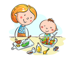 Mother and kid cooking