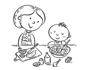 Mother and kid cooking, outline illustration