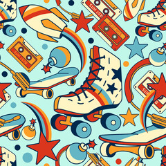 Character seamless pattern with 90 s audio cassette, rollers, skateboard, retro tape cassette. Concept of: vintage music, old school,1980s pop songs.	
