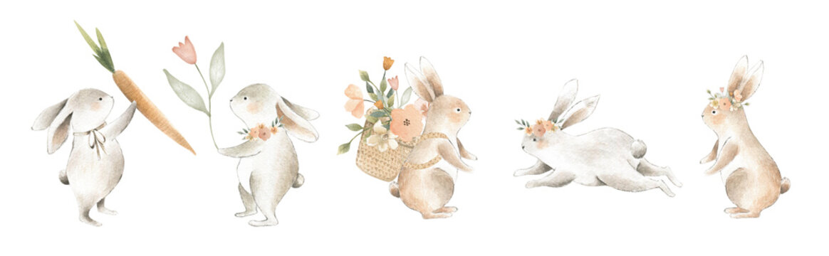 Watercolor Spring Easter Bunny and floral elements for children and weddings or baby showers