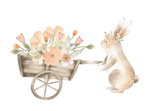 watercolor bunny with flowers and wooden cart clip art preview