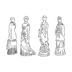 Antique dressed lady. Old fashion vector illustration. Victorian woman in historical dress. Vintage stylized drawing, retro woodcut style