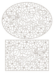 Set of contour illustrations in stained glass style with abstract bulls on a starry sky background, dark outlines on a white background