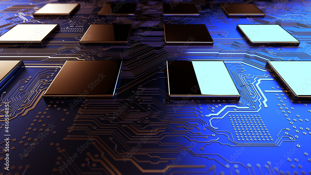 Aufkleber Printed circuit board futuristic server/Circuit board futuristic server code processing. Orange,  green, blue technology background with bokeh. 3d rendering