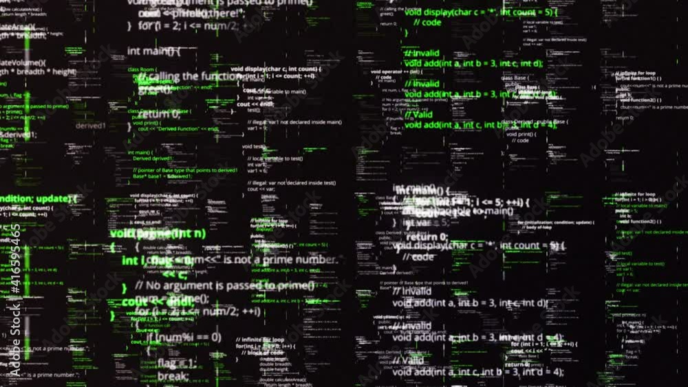 Poster background of many flying matrix codes. animation. green program codes fly and change in matrix spac