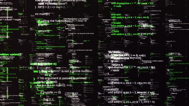 Background of many flying matrix codes. Animation. Green program codes fly and change in matrix space. Program codes on black background