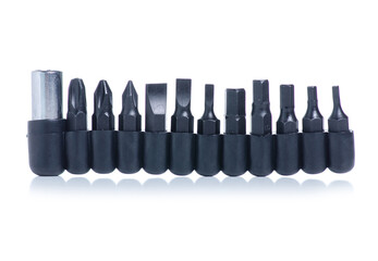 Screwdriver bit set on white background isolation