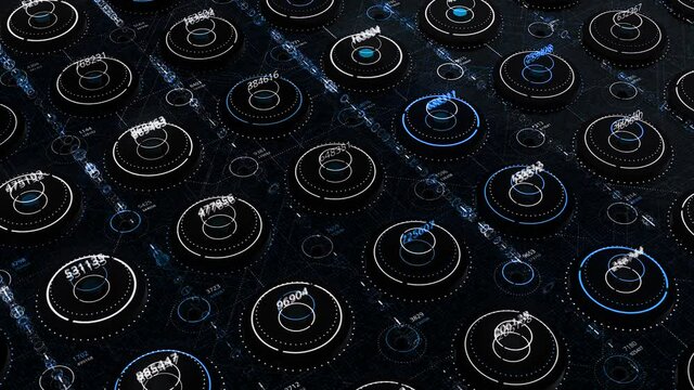 Virtual random number generator. Animation. Virtual field with neon circles and numbers. Number generator output values in neon circles inside matrix