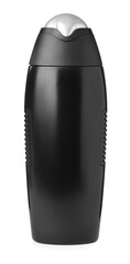 Black bottle with shampoo isolated on white. Men's cosmetics