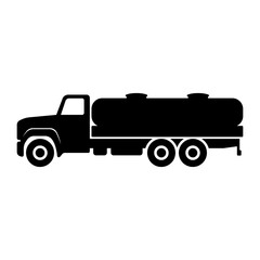 Truck icon. Freight transport with a tank for transporting liquid. Black silhouette. Side view. Vector flat graphic illustration. The isolated object on a white background. Isolate.