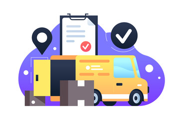 Car delivery with modern moving boxes with success tablet document.