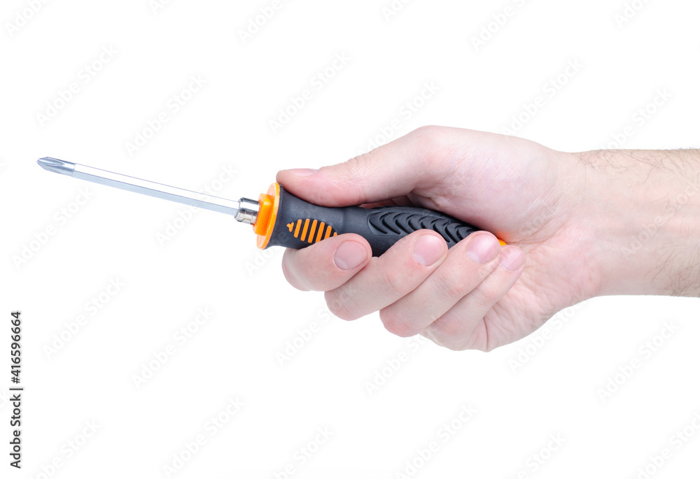 Poster screwdriver work tool in hand on white background isolation