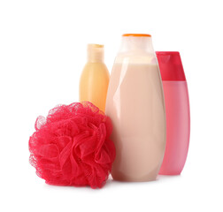 Personal hygiene products and shower puff on white background