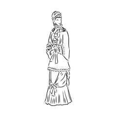 Antique dressed lady. Old fashion vector illustration. Victorian woman in historical dress. Vintage stylized drawing, retro woodcut style