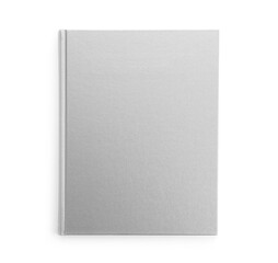 Closed book with grey hard cover isolated on white, top view