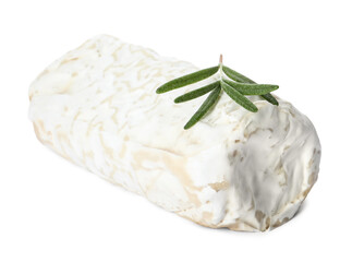 Delicious fresh goat cheese with rosemary on white background