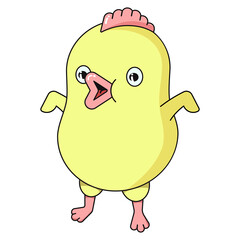 Happy Easter cute chicken with an open beak in the cartoon style. Holiday card in bright colors - pink, yellow. Square vector flat illustrations isolated on white background.