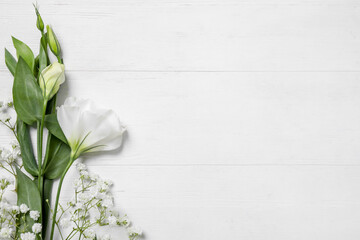 Beautiful flowers on white wooden background, flat lay. Space for text