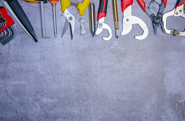 Construction work tool on gray cocrete background