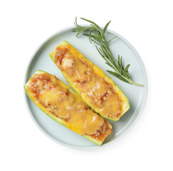 Plate of delicious stuffed zucchini on white background, top view