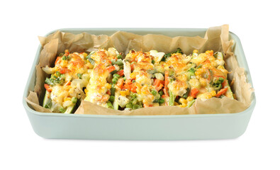 Baking dish with stuffed zucchinis on white background