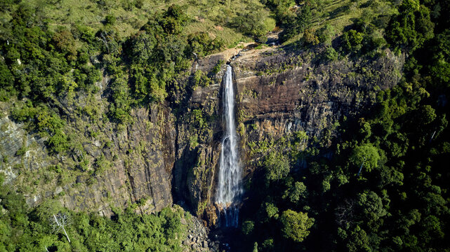 Diyaluma Falls Highest Waterfalls in Sri Lanka Located Next to Koslanda Town. Beautiful Photo Bird Eye View. Green Tropical Jungle, Mountain Highland and Cascade Landscape in Indian Ocean