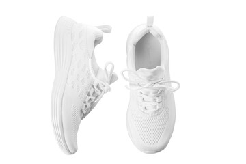 Stylish sport shoes on white background, top view. Trendy footwear