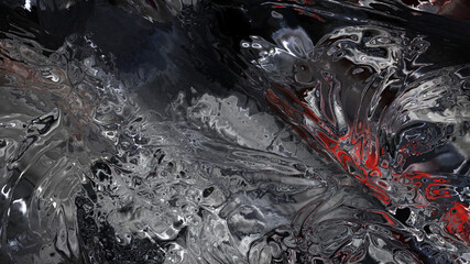 Detailed liquid background motion with red, grey and silver overflowing colors on black. Luxury visual illusions, moving wave patterns. Colored fluid art of a 3d rendering glitter particles