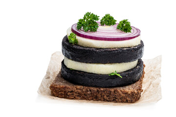 Sandwich with black rye bread and black pudding sausage isolated on white