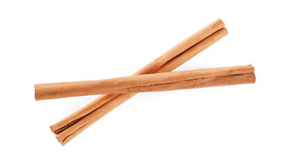 Aromatic cinnamon sticks on white background, top view