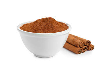 Aromatic cinnamon sticks and bowl with powder on white background