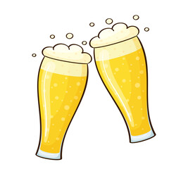 Vector cartoon image of two glasses of beer. Isolated over white background. Beer with froth and bubbles