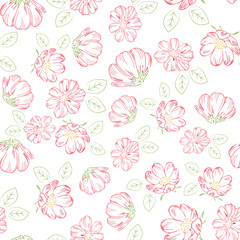 Seamless background with pink flowers. Vector. Delicate transparent repeating pattern.